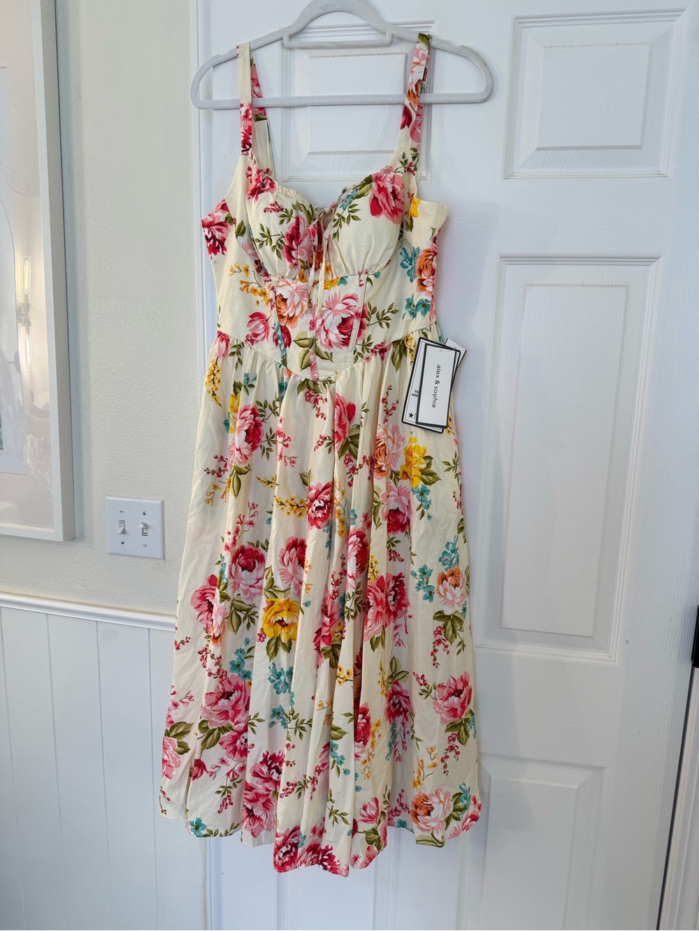 Floral Cream Midi Dress with Pink & Yellow Blooms